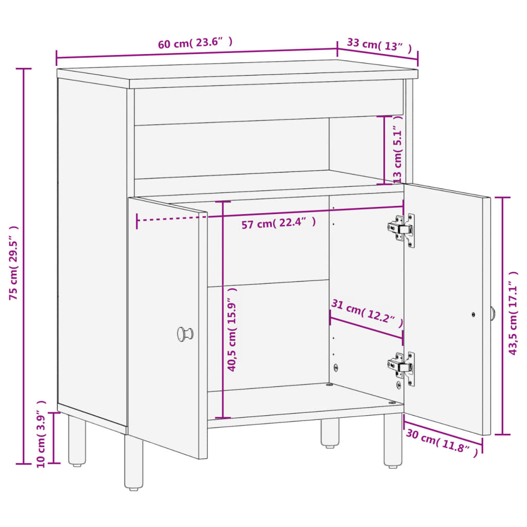 Credenza Nera 60x33x75 cm in Legno Massello di Mango