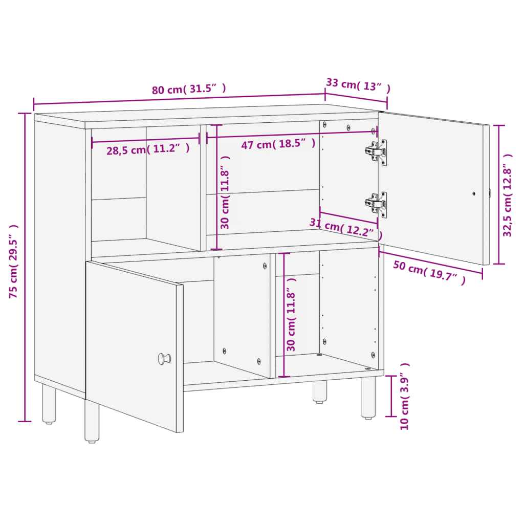 Credenza Nera 80x33x75 cm in Legno Massello di Mango