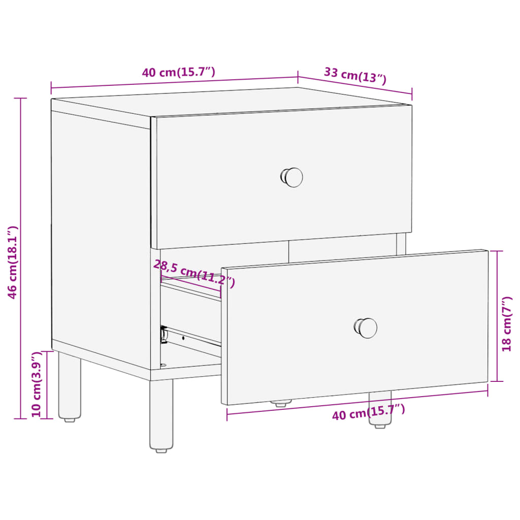 Comodino 40x33x46 cm in Legno Massello di Mango