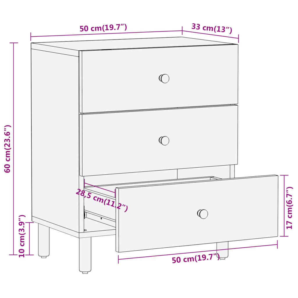 Comodino 50x33x60 cm in Legno Massello di Mango