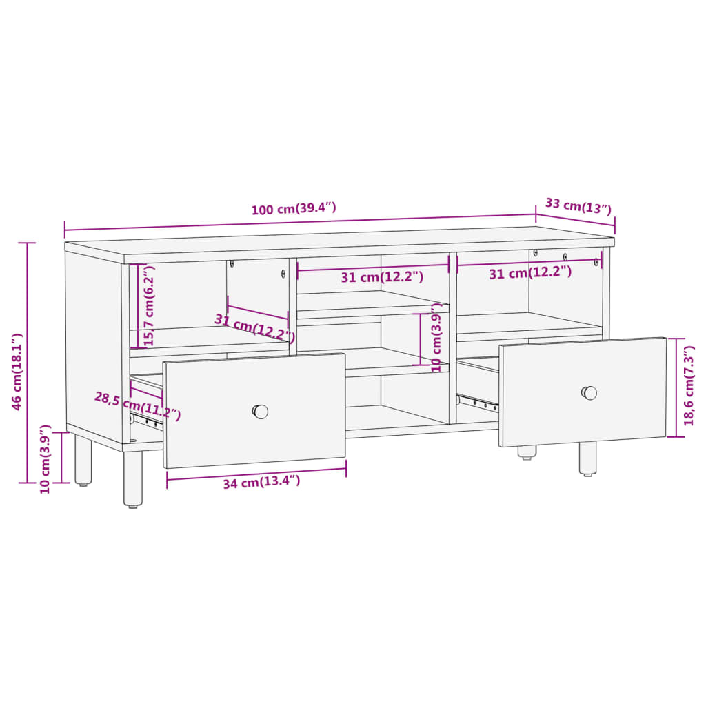 Mobile Porta TV 100x33x46 cm in Legno Massello di Mango