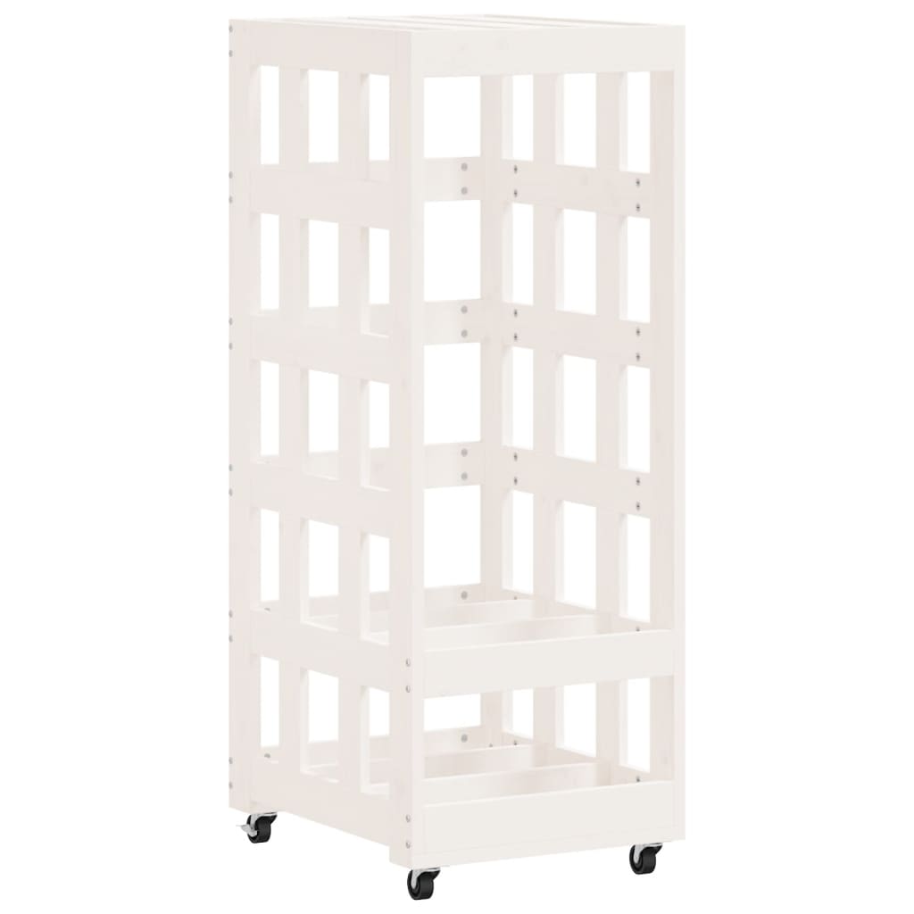 Portalegna con Ruote Bianco 40x49x110 cm Legno Massello di Pino