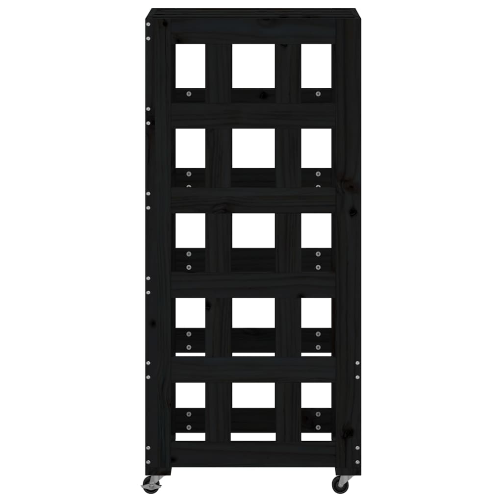 Portalegna con Ruote Nero 40x49x110 cm Legno Massello di Pino