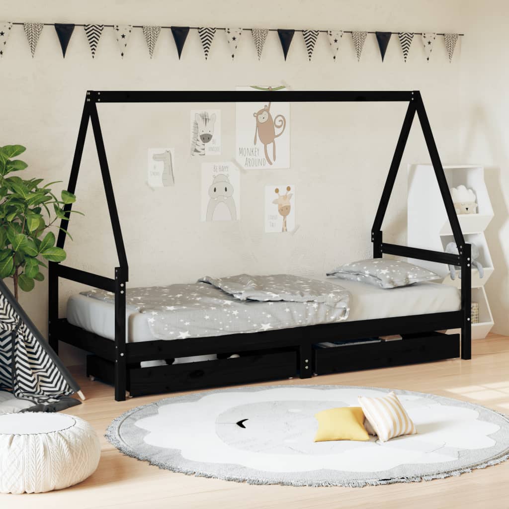 Giroletto Bambini con Cassetti Nero 80x200cm Massello di Pino - homemem39