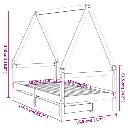 Giroletto per Bambini con Cassetti 80x160cm Legno Massello Pino - homemem39