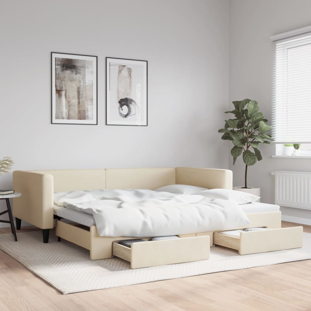 Divano Letto Estraibile con Cassetti Crema 100x200cm in Tessuto - homemem39