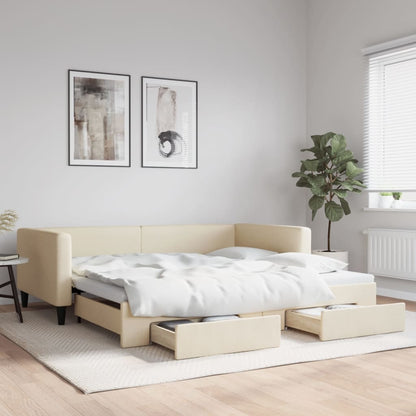 Divano Letto Estraibile con Cassetti Crema 100x200cm in Tessuto - homemem39