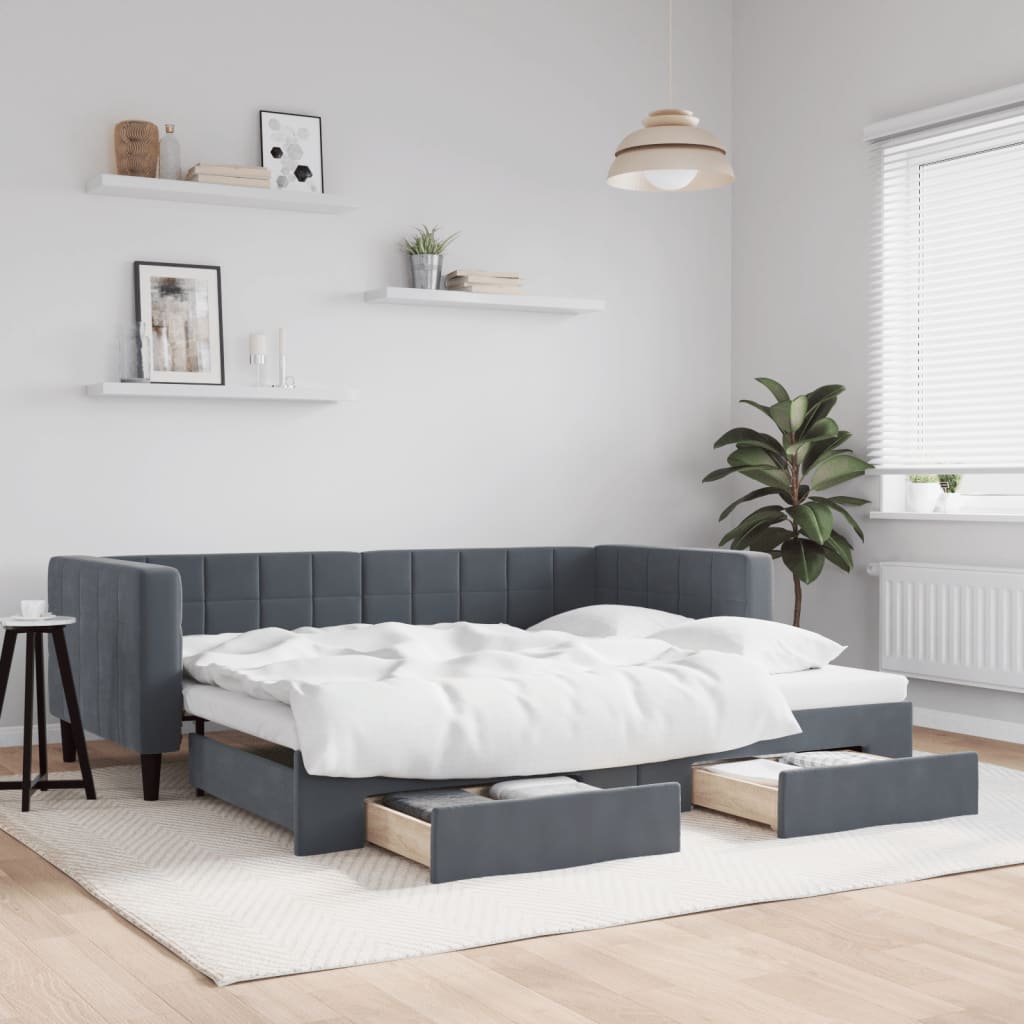Divano Letto Estraibile Cassetti Grigio Scuro 90x190cm Velluto