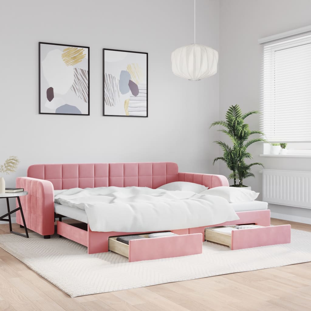 Divano Letto Estraibile con Cassetti Rosa 90x200 cm Velluto