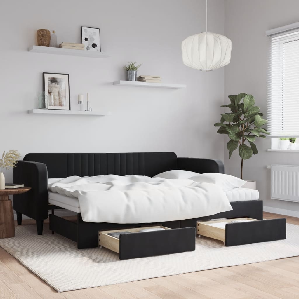 Divano Letto Estraibile con Cassetti Nero 80x200 cm in Velluto | homemem39