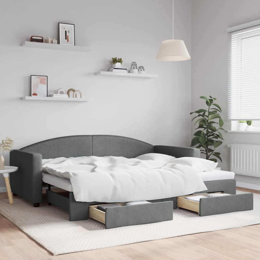 Divano Letto Estraibile Cassetti Grigio Scuro 90x200cm Tessuto