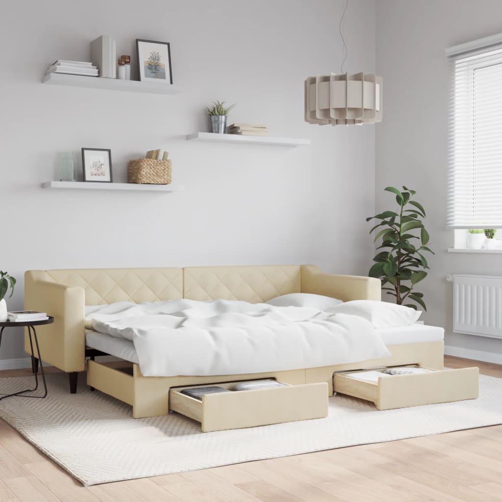 Divano Letto Estraibile con Cassetti Crema 80x200 cm in Tessuto | homemem39