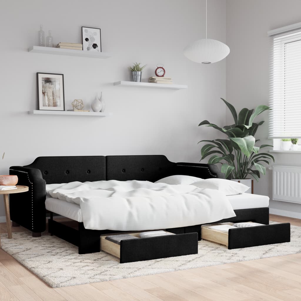 Divano Letto Estraibile con Cassetti Nero 100x200 cm in Tessuto