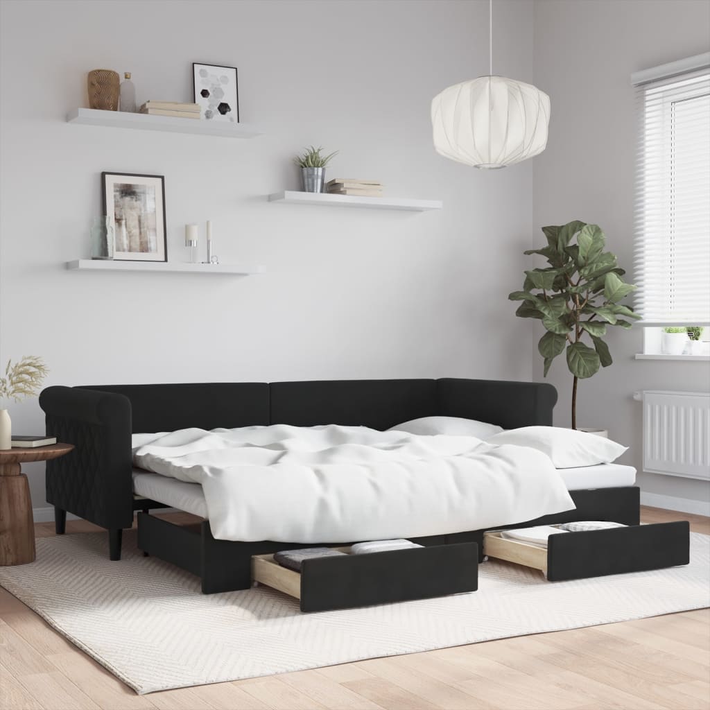 Divano Letto Estraibile con Cassetti Nero 80x200 cm in Velluto | homemem39