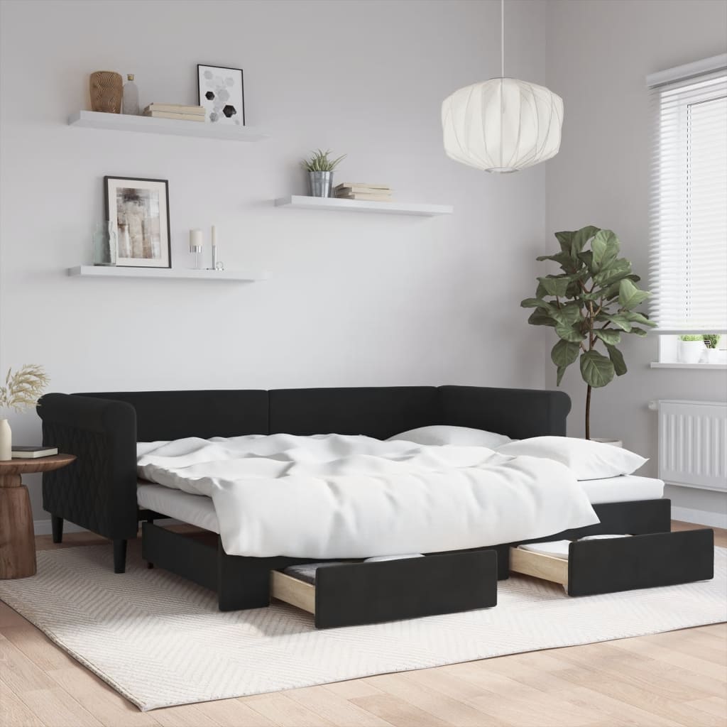 Divano Letto Estraibile con Cassetti Nero 90x200 cm in Velluto | homemem39