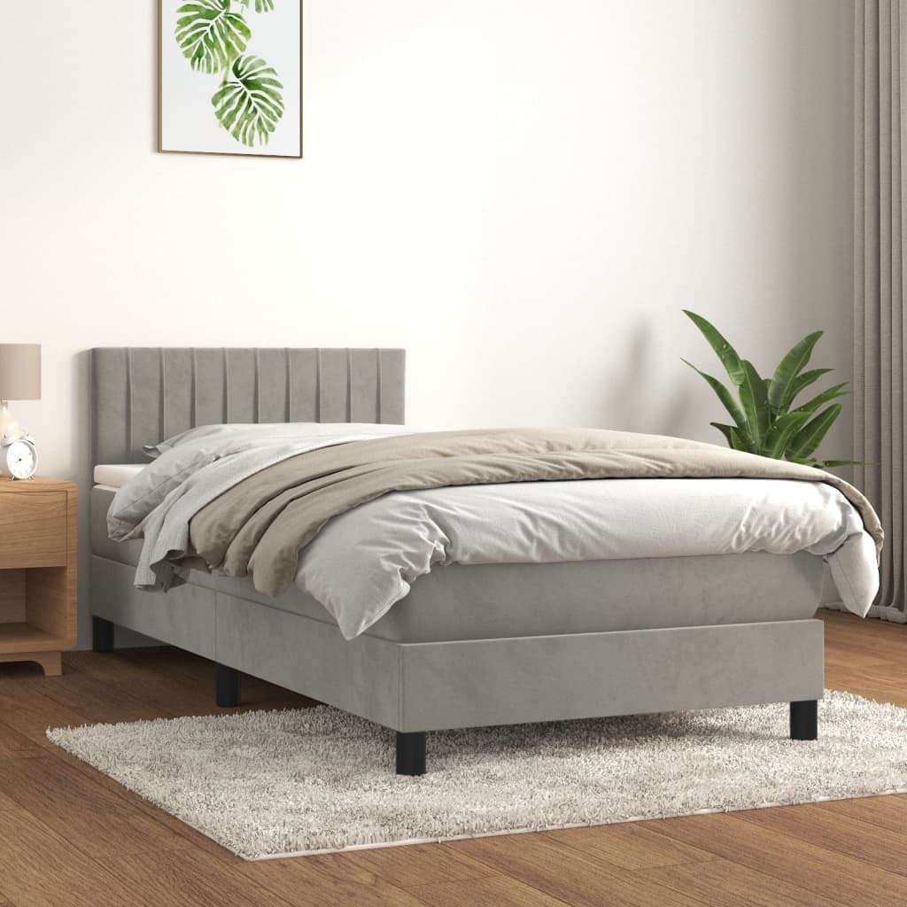 Spring bed frame with light gray mattress 90x190 cm velvet