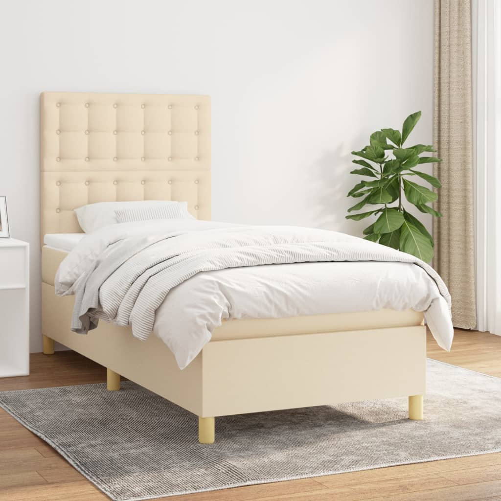 Spring bed frame with cream mattress 100x200 cm in fabric