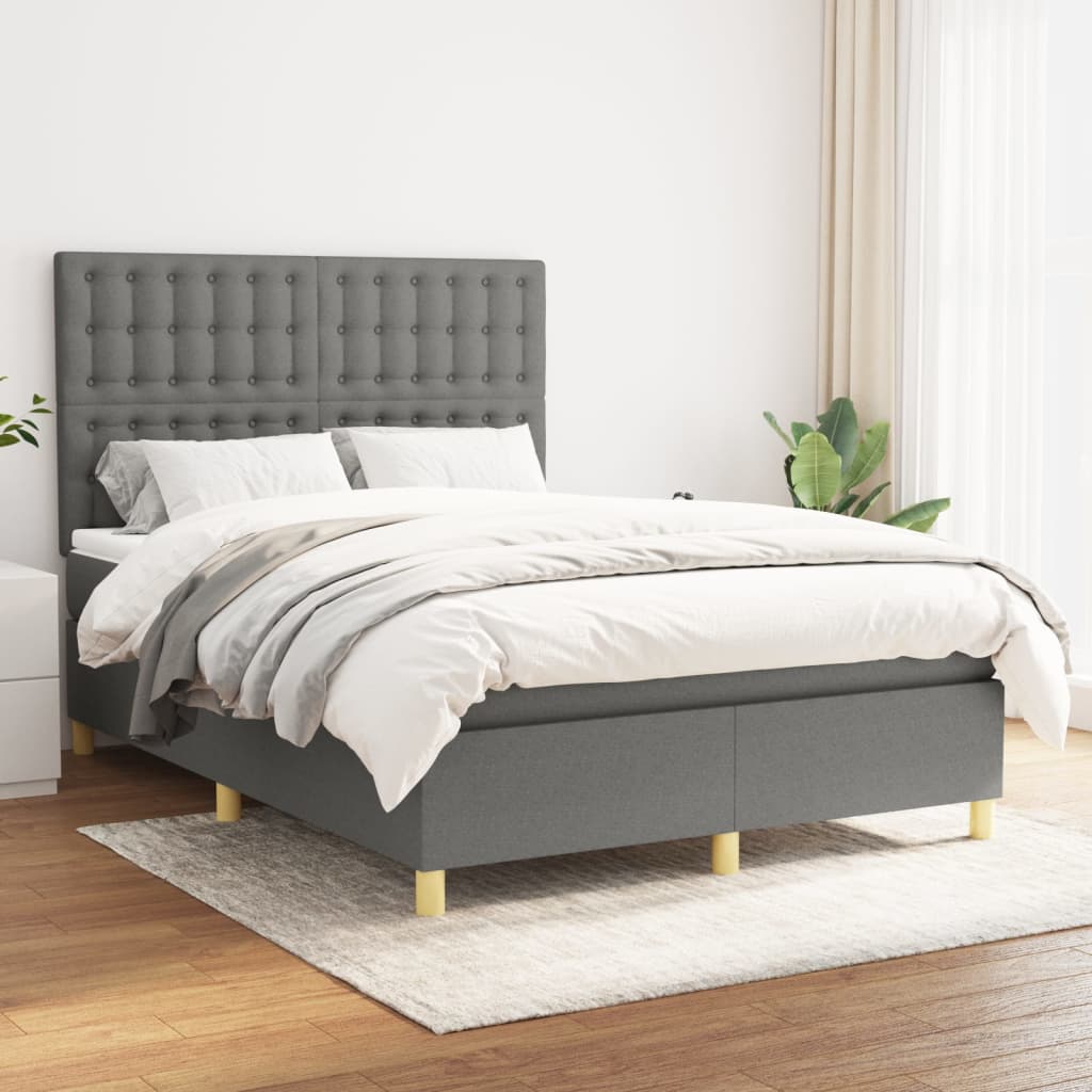 Spring Bed Frame with Dark Gray Mattress 140x190 cm Fabric