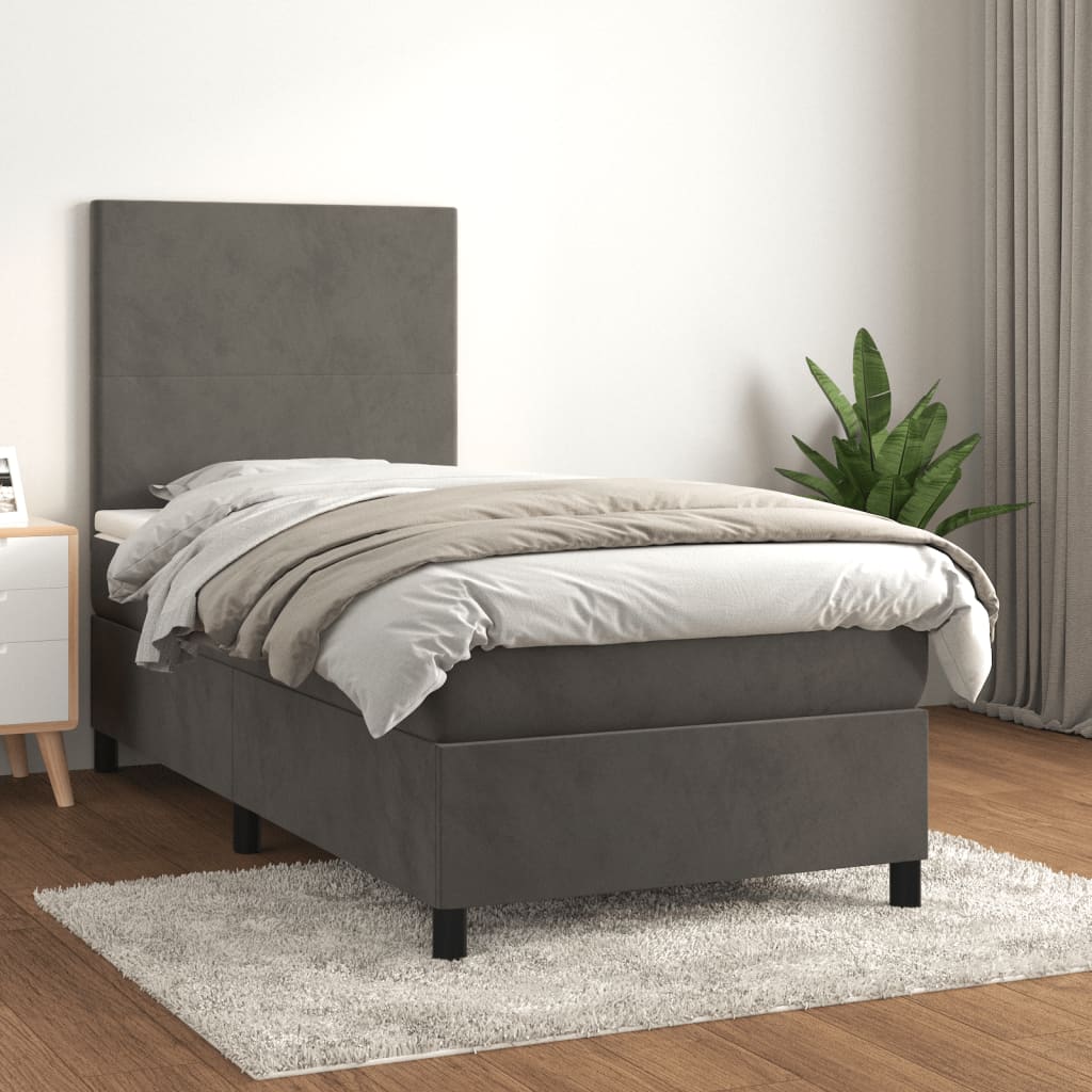 Spring bed frame with dark gray mattress 90x190 cm velvet