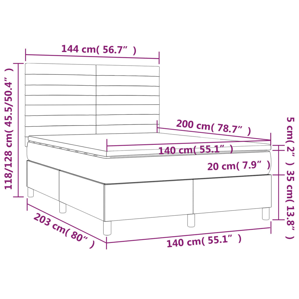 Spring bed frame with black mattress 140x200 cm in velvet