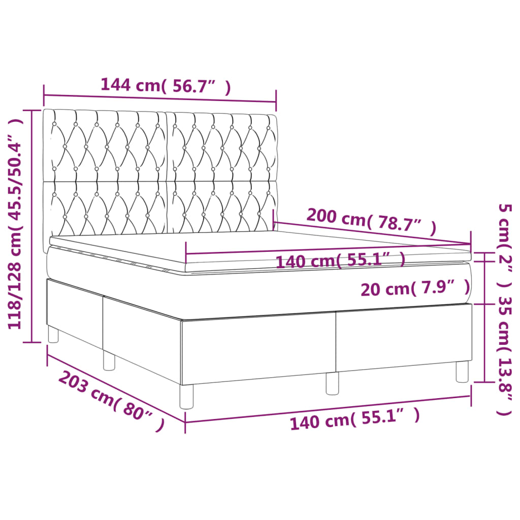 Spring bed frame with black mattress 140x200 cm in velvet