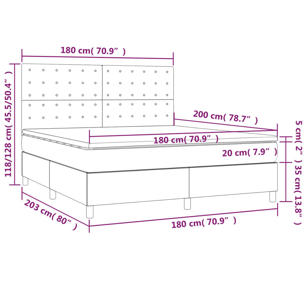 Spring bed frame with light gray mattress 180x200cm velvet