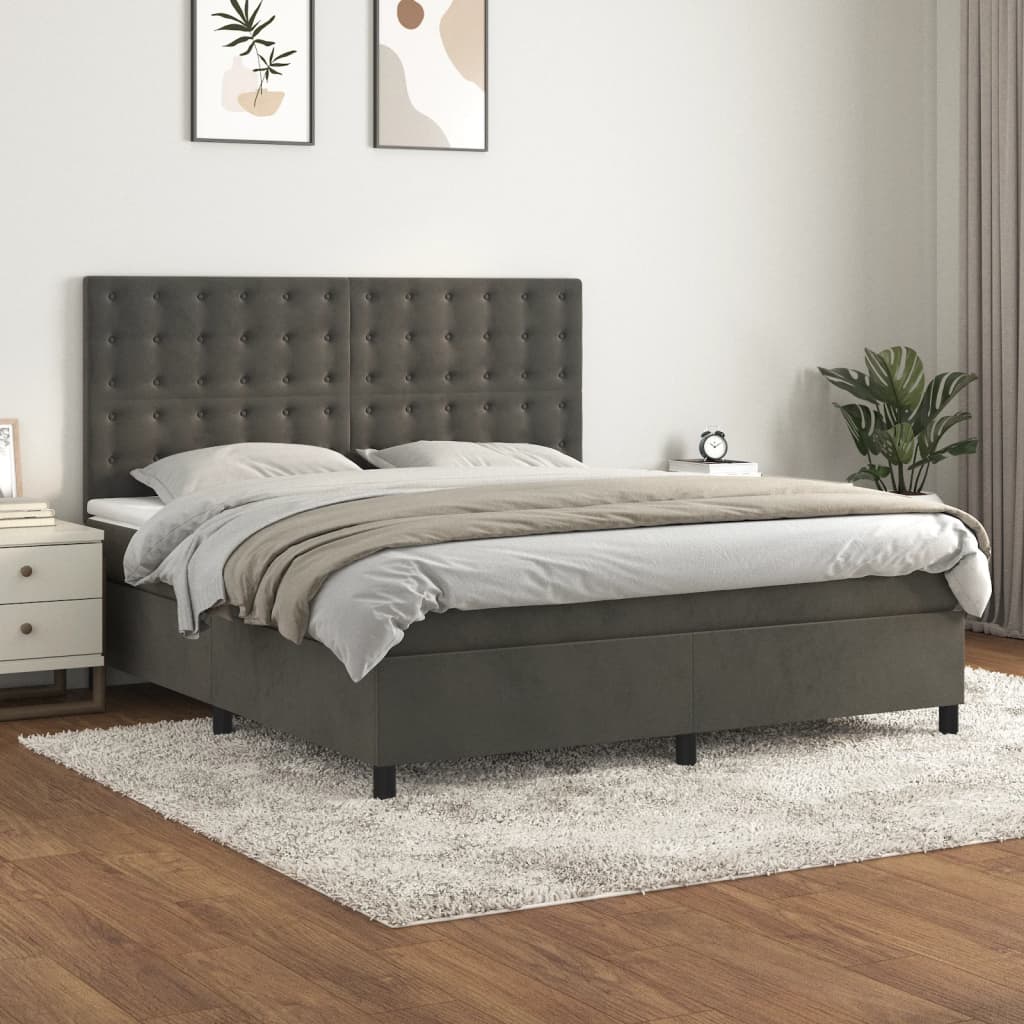 Spring bed frame with dark gray mattress 180x200 cm velvet