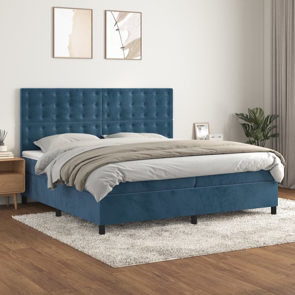 Spring bed frame with dark blue mattress 200x200 cm in velvet