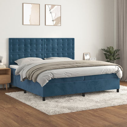 Spring bed frame with dark blue mattress 200x200 cm in velvet