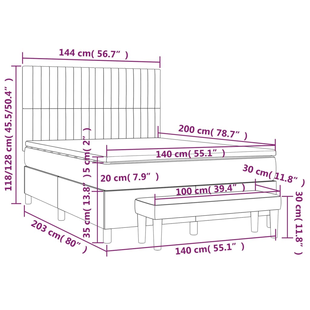 Federbettgestell mit schwarzer Matratze 140x200 cm aus Stoff