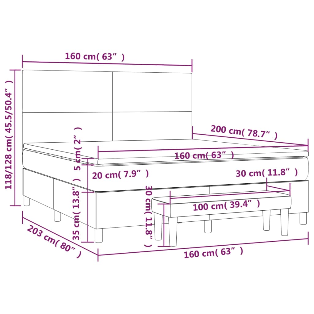 Spring bed frame with blue mattress 160x200 cm in fabric