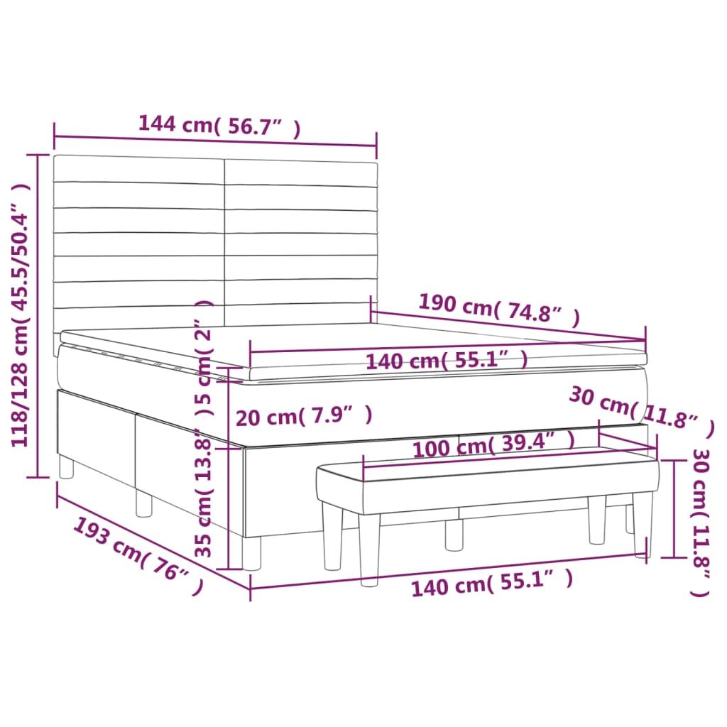 Spring bed frame with dove gray mattress 140x190 cm in fabric