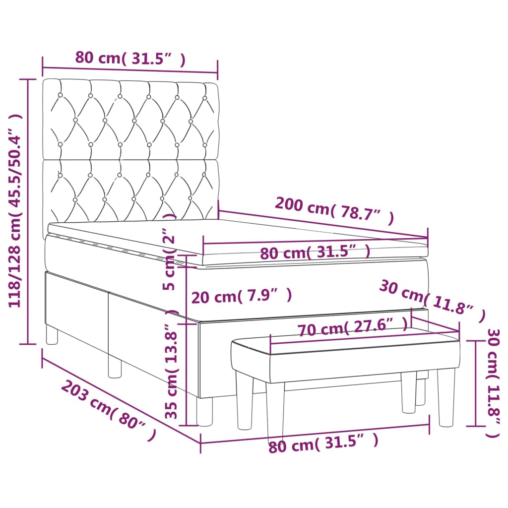 Spring bed frame with dove gray mattress 80x200 cm in fabric