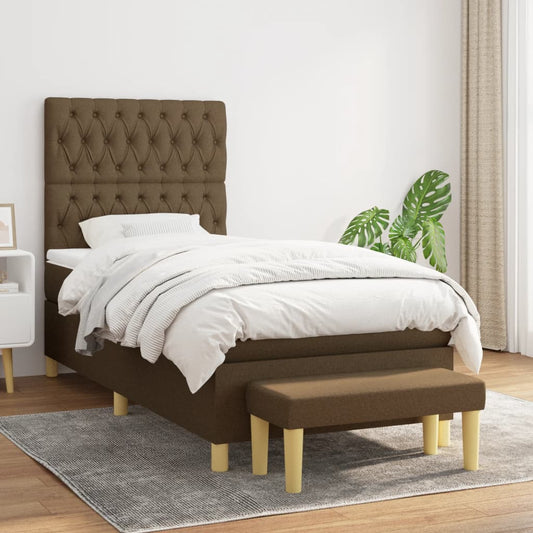 Spring Bed Frame with Dark Brown Mattress 100x200cm Fabric