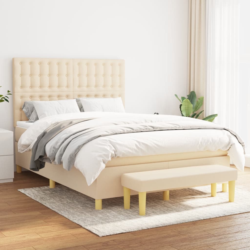 Spring bed frame with cream mattress 140x19 cm in fabric