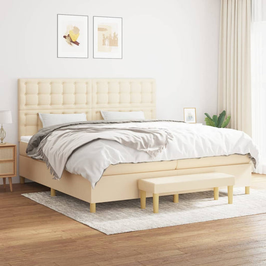 Spring bed frame with cream mattress 200x200 cm in fabric