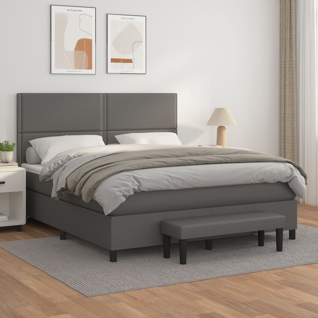 Spring bed frame with gray mattress 160x200 cm in imitation leather