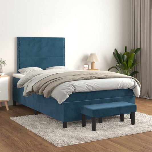 Spring bed frame with dark blue mattress 120x200 cm in velvet