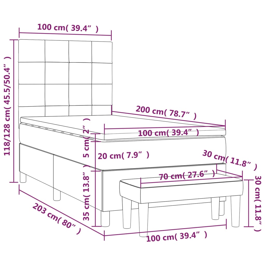 Spring bed frame with pink mattress 100x200 cm in velvet