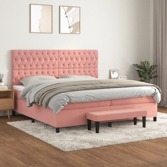 Spring bed frame with pink mattress 200x200 cm in velvet
