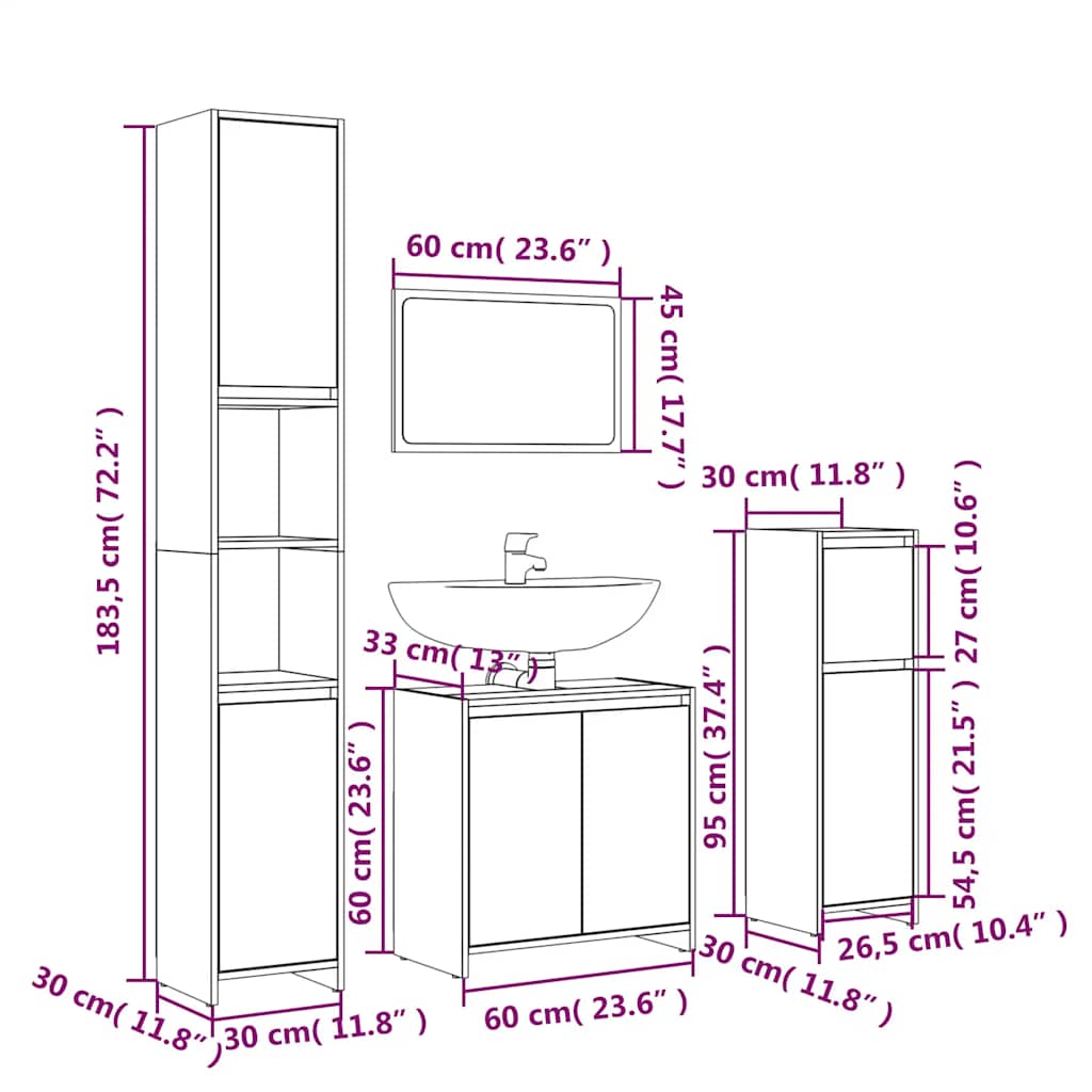 Set Mobili da Bagno 4 pz Rovere Fumo in Legno Multistrato | homemem39