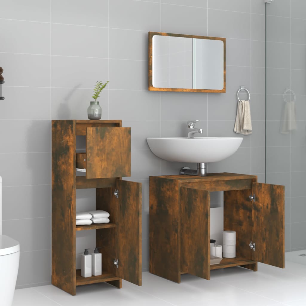 Set Mobili da Bagno 3 pz Rovere Fumo in Legno Multistrato | homemem39