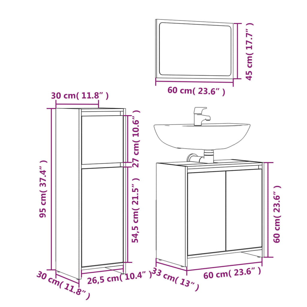 Set Mobili da Bagno 3 pz Rovere Fumo in Legno Multistrato | homemem39