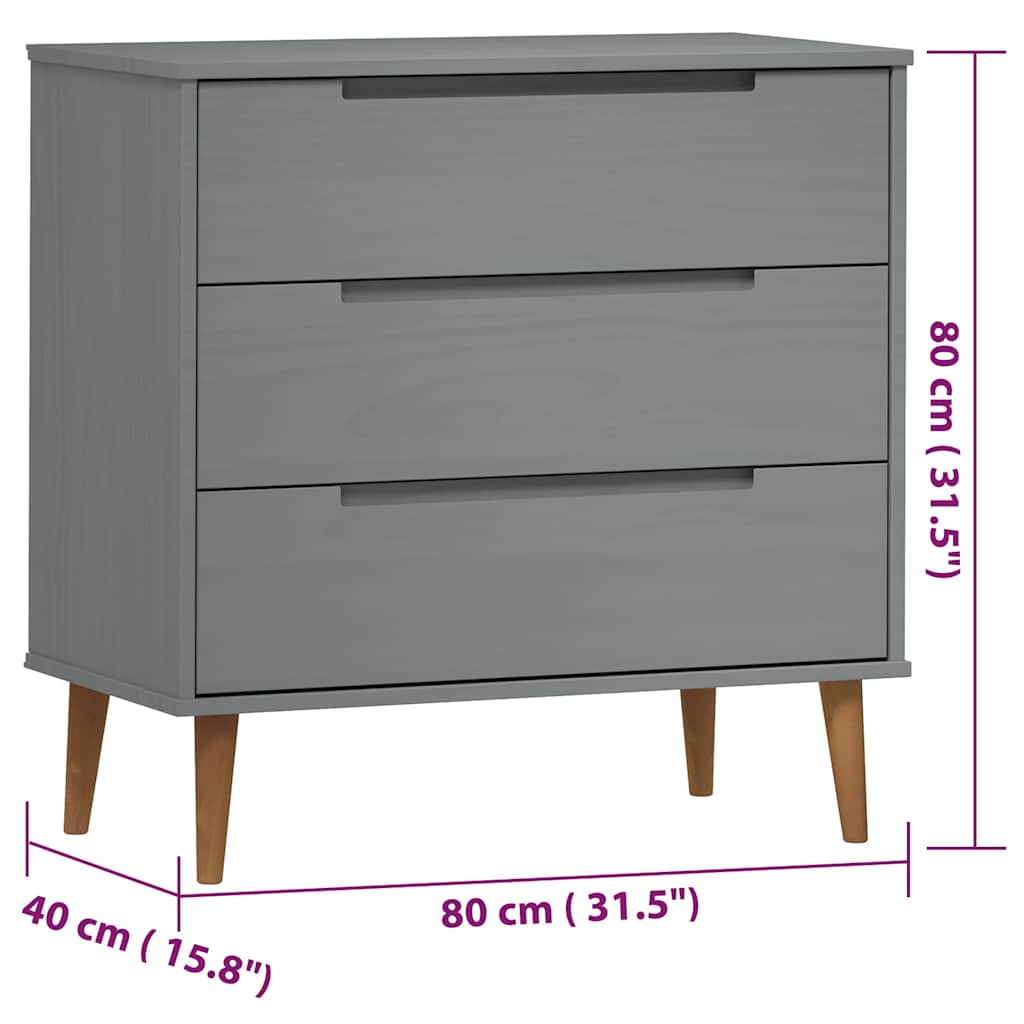 Cassettiera MOLDE Grigia 80x40x80 cm in Legno Massello di Pino