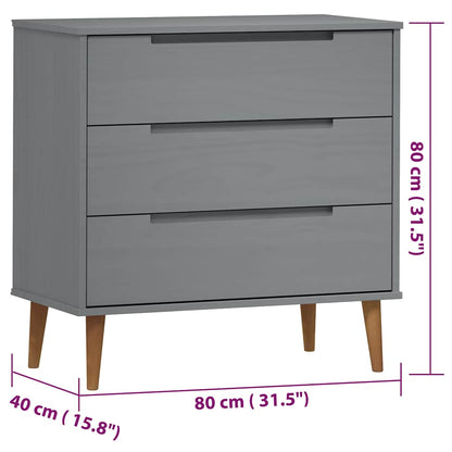 Cassettiera MOLDE Grigia 80x40x80 cm in Legno Massello di Pino