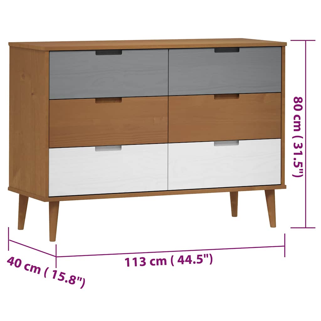 Cassettiera MOLDE Marrone 113x40x80cm in Legno Massello di Pino