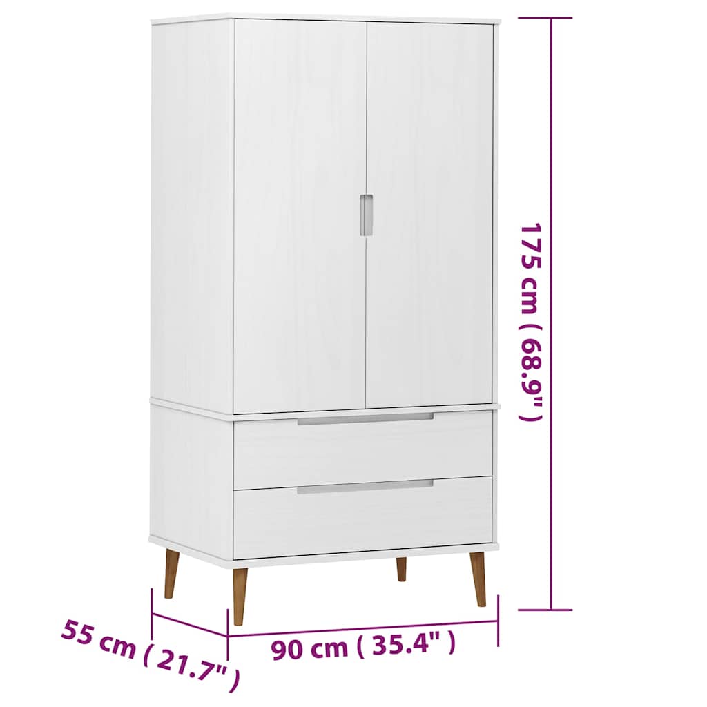 Armadio MOLDE Bianco 90x55x175 cm in Legno Massello di Pino