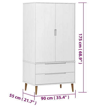 Armadio MOLDE Bianco 90x55x175 cm in Legno Massello di Pino