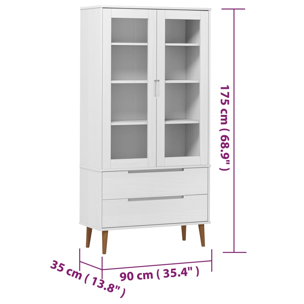 Vetrina MOLDE Bianca 90x35x175 cm in Legno Massello di Pino