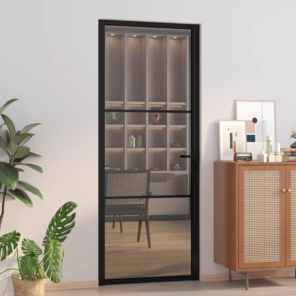 Porta Interna 83x201,5 cm Nero Opaco Vetro ESG e Alluminio | homemem39